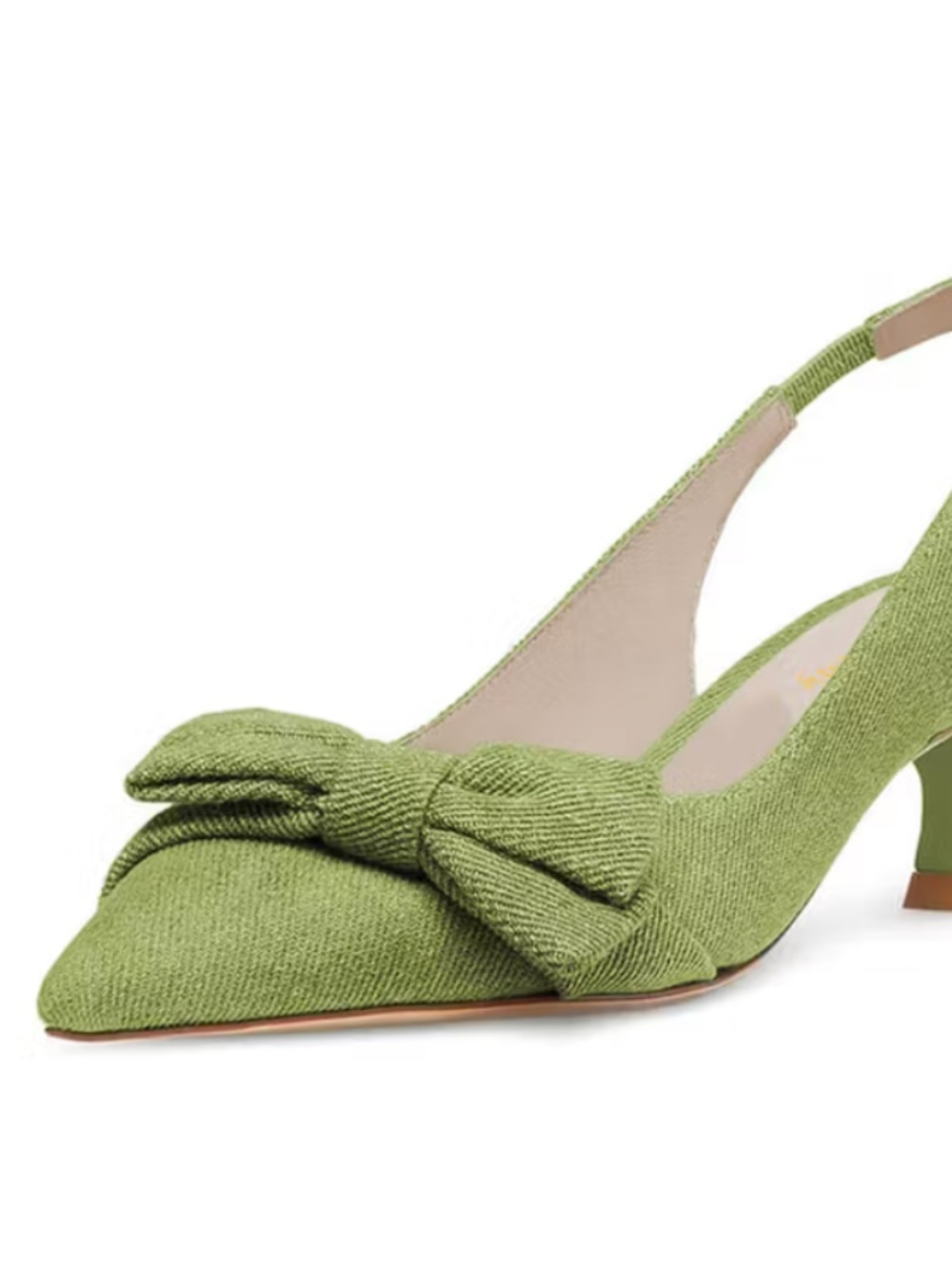 Green Fabric Kitten Heel Bow Slingback Pumps with Pointed Toe